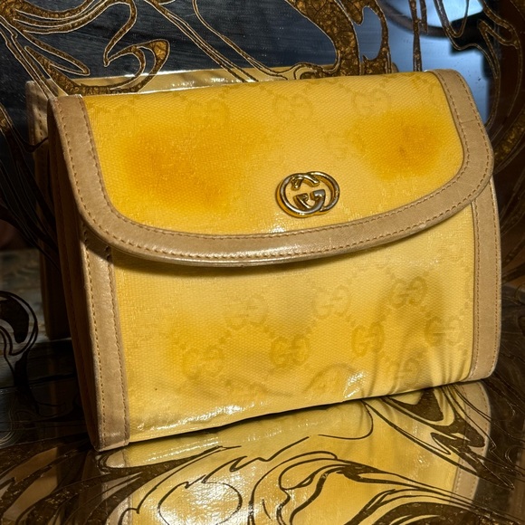 Early Vintage Gucci Shoulder Bag Coated Canvas Monogram Tan Leather Crossbody - Picture 1 of 16